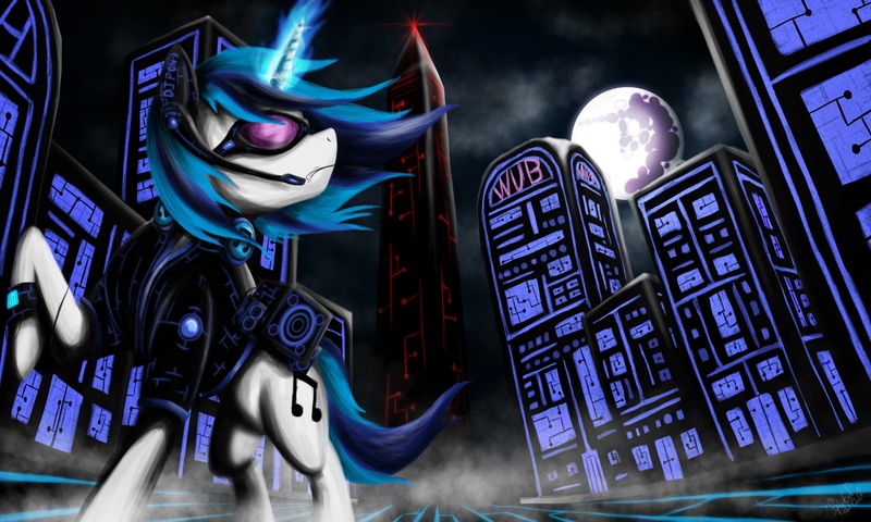 Size: 2500x1500 | Tagged: safe, artist:spiritofthwwolf, derpibooru import, vinyl scratch, pony, unicorn, badass, city, cyberpunk, epic, hmd, moon, night, raised hoof, solo, tron