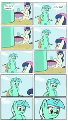 Size: 1184x2078 | Tagged: source needed, safe, artist:tikyotheenigma, derpibooru import, edit, bon bon, lyra heartstrings, sweetie drops, pony, bag, bipedal, comic, tenso