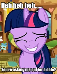 Size: 522x682 | Tagged: a bird in the hoof, adorkable, awkward, awkward smile, bronybait, caption, cropped, cute, date, derpibooru import, dork, edit, edited screencap, eyes closed, grin, image macro, meme, safe, screencap, smiling, solo, twilight sparkle