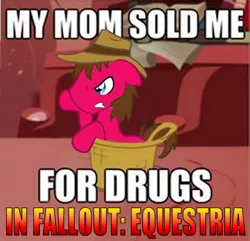 Size: 466x450 | Tagged: basket, caption, derpibooru import, drugs, fallout equestria, image macro, new pegas, oc, oc:cherry pie, pony in a basket, safe, unofficial characters only