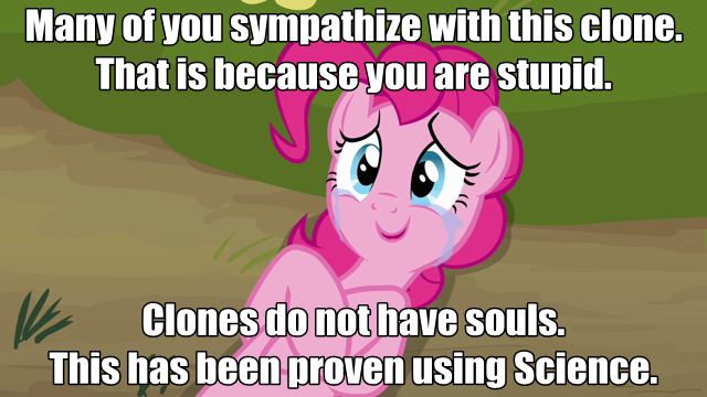 Size: 640x360 | Tagged: safe, derpibooru import, edit, edited screencap, screencap, pinkie pie, earth pony, pony, too many pinkie pies, clone, crying, female, mare, meta, on back, pinkie clone, pinkie clone debate, pinkie tyrone, solo, soulless, tears of joy