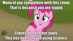 Size: 640x360 | Tagged: safe, derpibooru import, edit, edited screencap, screencap, pinkie pie, earth pony, pony, too many pinkie pies, clone, crying, female, mare, meta, on back, pinkie clone, pinkie clone debate, pinkie tyrone, solo, soulless, tears of joy