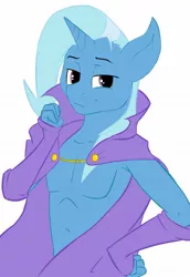 Size: 900x1307 | Tagged: anthro, artist:dlw, bare chest, belly button, clothes, derpibooru import, rule 63, smiling, suggestive, topless, tristan, trixie