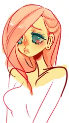 Size: 410x733 | Tagged: safe, artist:costly, derpibooru import, fluttershy, bare shoulder portrait, blushing, body writing, humanized, partial color, simple background, solo, vulgar, white background, wingding eyes