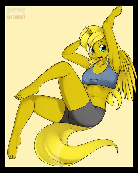 Size: 1280x1600 | Tagged: alicorn, alicorn oc, anthro, anthro oc, armpits, artist:kloudmutt, barefoot, bra, breasts, clothes, derpibooru import, feet, female, oc, oc:ticket, plantigrade anthro, shorts, solo, solo female, suggestive, titcket, underboob, underwear, unofficial characters only