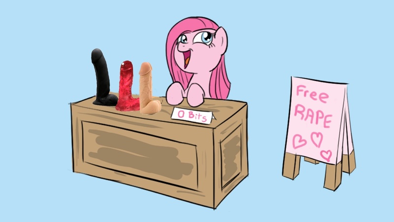 Size: 1280x720 | Tagged: artist:kanashiipanda, derpibooru import, dildo, edit, female, free rape, human dildo, open mouth, pinkamena diane pie, pinkie pie, questionable, rape, semi-grimdark, sex toy, sign, smiling, solo, solo female