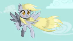 Size: 1920x1080 | Tagged: safe, artist:deathnyan, derpibooru import, derpy hooves, pegasus, pony, blushing, cloud, cloudy, female, mare, solo, wallpaper, windswept mane