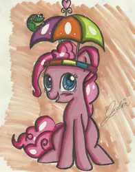 Size: 2029x2585 | Tagged: safe, artist:dracosia, derpibooru import, pinkie pie, frog, hat, traditional art, umbrella hat