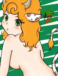 Size: 750x990 | Tagged: artist:theoriginalmalice, breasts, carrot top, cow, cow girl, derpibooru import, golden harvest, human, humanized, sideboob, suggestive