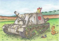 Size: 2332x1639 | Tagged: apple bloom, applejack, artist:patoriotto, assault gun, brummbar, derpibooru import, safe, sturmpanzer iv, traditional art