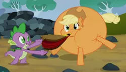 Size: 666x380 | Tagged: safe, derpibooru import, screencap, applejack, spike, dragon, earth pony, pony, spike at your service, baby dragon, ball, balloon, bellows, cartoon physics, cowboy hat, cropped, hat, inflation, stetson