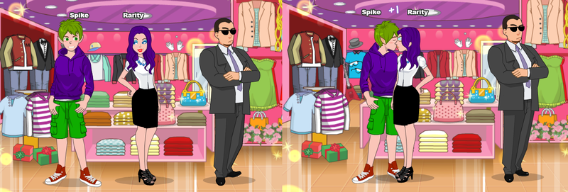 Size: 1270x430 | Tagged: safe, derpibooru import, rarity, spike, bodyguard, clothes, female, hat, hoodie, humanized, kissing, male, mall, necktie, older, present, purse, secret service, shop, sparity, store, straight, suit, sunglasses, wat