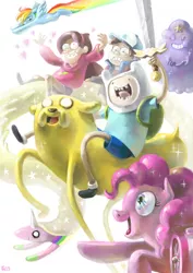 Size: 744x1052 | Tagged: adventure time, artist:fr-13, crossover, derpibooru import, dipper pines, finn the human, gravity falls, jake the dog, lady rainicorn, lumpy space princess, mabel pines, pinkie pie, rainbow dash, safe