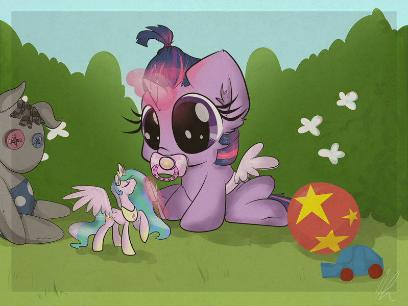 Size: 2263x1700 | Tagged: safe, artist:lolepopenon, derpibooru import, princess celestia, smarty pants, twilight sparkle, pony, alternate hairstyle, baby, baby pony, babylight sparkle, ball, big ears, big eyes, brushie, car, cute, doll, fake wings, filly, fluffy, foal, magic, pacifier, pinklestia, sitting, solo, sweet dreams fuel, telekinesis, toy car, twiabetes, weapons-grade cute