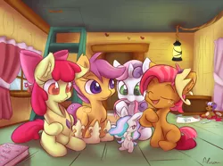 Size: 1290x960 | Tagged: safe, artist:alasou, deleted from derpibooru, derpibooru import, apple bloom, babs seed, princess celestia, scootaloo, sweetie belle, earth pony, pegasus, pony, rabbit, unicorn, bow, bunnified, bunnylestia, clubhouse, crown, crusaders clubhouse, cute, cutie mark crusaders, female, filly, freckles, hair bow, open mouth, roleplaying, smiling, species swap, teddy bear, whistle