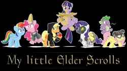 Size: 1280x715 | Tagged: almalexia, applejack, artist:doomy, clothes, colovian fur helm, costume, crossover, derpibooru import, dovahshy, fluttershy, game, m'aiq the liar, mane seven, mane six, morrowind, pinkie pie, rainbow dash, rarity, safe, skyrim, spike, the elder scrolls, twilight sparkle, vivec