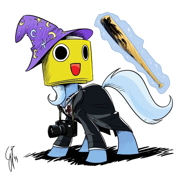 Size: 900x850 | Tagged: safe, artist:glancojusticar, derpibooru import, trixie, pony, unicorn, baseball bat, blood, camera, crossover, dead rising, female, frank west, mare, servbot, servbot mask, solo