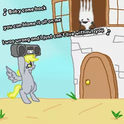 Size: 500x500 | Tagged: safe, derpibooru import, derpy hooves, pegasus, pony, boombox, boombox serenade, cloydes, female, fork, mare, movie reference, say anything, serenade, shipping, text