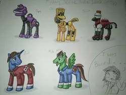 Size: 960x720 | Tagged: artist:fmayang, crow t robot, derpibooru import, gypsy(robot), joel robinson, mike nelson, mystery science theater 3000, ponified, safe, self insert, simple background, tom servo, traditional art