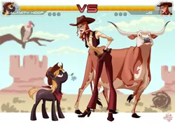Size: 1250x880 | Tagged: artist:jackpot-84, cigarette, cloven hooves, cow, cowgirl, derpibooru import, female, fight, human, oc, safe, udder, unofficial characters only, video game