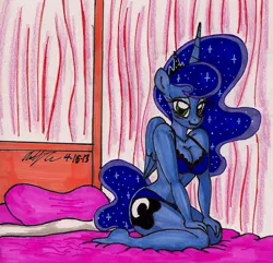 Size: 1156x1114 | Tagged: anthro, artist:newyorkx3, barefoot, bed, blue underwear, bra, breasts, cleavage, clothes, cute, feet, female, frilly underwear, lingerie, lunabetes, panties, plantigrade anthro, princess luna, solo, solo female, suggestive, traditional art, underwear