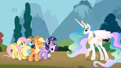 Size: 1366x768 | Tagged: safe, derpibooru import, screencap, applejack, fluttershy, princess celestia, rainbow dash, rarity, twilight sparkle, alicorn, earth pony, pegasus, pony, unicorn, swarm of the century, :t, bowing, crown, ei, ethereal mane, eyes closed, female, floppy ears, frown, glare, grin, gritted teeth, hoof shoes, hub logo, jewelry, looking up, mare, meme origin, nervous, origins, peytral, raised hoof, regalia, smiling, spread wings, twiface, unicorn twilight, wide eyes, wrong neighborhood