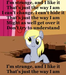 Size: 560x638 | Tagged: safe, derpibooru import, derpy hooves, pegasus, pony, female, image macro, inverted mouth, lyrics, mare, skye sweetnam, song reference, the buzz on maggie