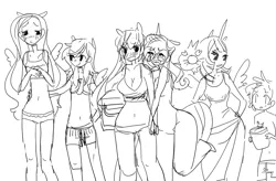 Size: 1280x840 | Tagged: safe, artist:costly, derpibooru import, applejack, fluttershy, rainbow dash, rarity, spike, twilight sparkle, twilight sparkle (alicorn), alicorn, pony, belly button, bikini, black and white, breasts, busty twilight sparkle, clothes, female, flutterdash, glasses, grayscale, lesbian, line-up, mane seven, mare, midriff, monochrome, pictogram, rarijack, scared, shipping, sketch, swimsuit