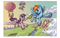 Size: 1223x793 | Tagged: safe, artist:raynesgem, derpibooru import, applejack, fluttershy, pinkie pie, rainbow dash, rarity, twilight sparkle, twilight sparkle (alicorn), alicorn, pony, balloon, female, flying, hot air balloon, mare