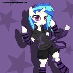 Size: 894x894 | Tagged: safe, artist:tsubukisan, derpibooru import, vinyl scratch, pony, belt, bipedal, clothes, gloves, headphones, hoodie, shorts, socks, solo, striped socks