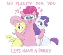 Size: 617x535 | Tagged: safe, artist:bikkisu, derpibooru import, fluttershy, pinkie pie, rarity, flarity, hug, shipping, shipping denied, text