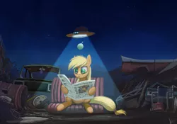 Size: 1745x1221 | Tagged: applejack, artist:rublegun, cyrillic, female, junkyard, newspaper, night, paper, reading, russian, safe, sitting, solo, ufo