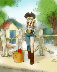 Size: 1280x1600 | Tagged: apple, applejack, artist:dawkinsia, basket, belt, clothes, cowboy vest, derpibooru import, fence, humanized, safe, solo, torn clothes