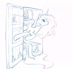 Size: 617x588 | Tagged: safe, artist:tomatocoup, derpibooru import, princess celestia, alicorn, pony, female, hiding, mare, missing accessory, peeking, refrigerator, smiling, solo, wat