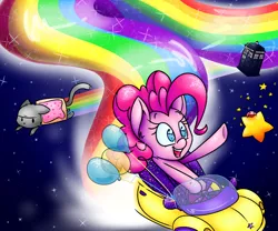 Size: 1200x1000 | Tagged: artist:lemon-heartss, awesome, balloon, car, crossover, derpibooru import, doctor who, driving, kirby, nyan cat, pinkie pie, rainbow, safe, space, stars, tardis, warp star