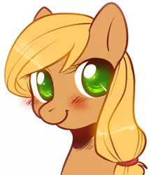 Size: 579x678 | Tagged: applejack, artist:vella, blushing, derpibooru import, looking at you, portrait, safe, simple background, solo