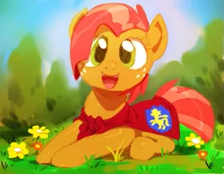 Size: 771x600 | Tagged: source needed, useless source url, safe, artist:sunibee, derpibooru import, babs seed, earth pony, pony, adorababs, cape, clothes, cute, female, filly, flower, freckles, grass, image, looking at you, open mouth, png, sky, smiling, solo, tree