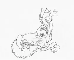 Size: 2680x2174 | Tagged: safe, artist:tristanjsolarez, derpibooru import, rarity, spike, oc, dracony, hybrid, adult spike, black and white, female, grayscale, interspecies offspring, male, monochrome, offspring, older, older spike, parent:rarity, parent:spike, parents:sparity, simple background, sparity, straight, transparent background