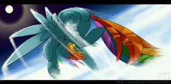 Size: 6933x3420 | Tagged: artist:twintailsinc, derpibooru import, flying, moon, rainbow dash, safe