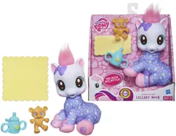 Size: 3385x2618 | Tagged: baby, bear, blanket, bottle, bow, bunny slippers, clothes, derpibooru import, doll, filly, foal, hasbro, hubble, hub logo, lullaby moon, official, safe, slippers, so soft, the hub, toy