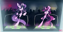 Size: 1819x943 | Tagged: dead source, safe, artist:yuji8sushi, derpibooru import, oc, unofficial characters only, semi-anthro, unicorn, bipedal, dance dance revolution, dancing, rhythm game, video game