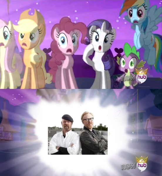 Size: 638x693 | Tagged: adam savage, alicorn flash, applejack, derpibooru import, edit, edited screencap, exploitable meme, fluttershy, hub logo, jamie hyneman, magical mystery cure, meme, mythbusters, pinkie pie, rainbow dash, rarity, safe, screencap, spike