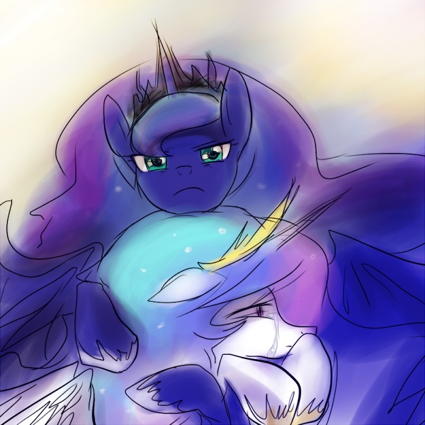 Size: 600x600 | Tagged: artist needed, source needed, safe, derpibooru import, princess celestia, princess luna, alicorn, pony, angry, comforting, crying, glare, hug, protecting, protective little sister, royal sisters, security hug