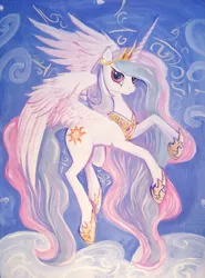 Size: 2409x3256 | Tagged: safe, artist:dalagar, derpibooru import, princess celestia, alicorn, pony, unicorn, cloud, cloudy, female, flying, looking at you, mare, painting, smiling, solo, spread wings, traditional art