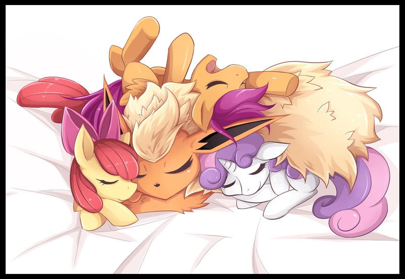 Size: 1440x993 | Tagged: safe, artist:jinzhan, derpibooru import, apple bloom, scootaloo, sweetie belle, flareon, pony, adorabloom, crossover, cuddle puddle, cuddling, cute, cutealoo, cutie mark crusaders, diasweetes, pokémon, pony pile, sleeping