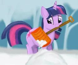 Size: 714x593 | Tagged: safe, artist:simeonleonard, derpibooru import, twilight sparkle, mouth hold, shovel, snow, solo