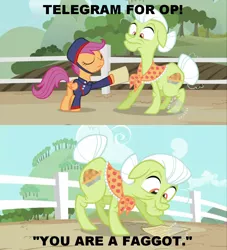 Size: 854x940 | Tagged: clothes, comic, derpibooru import, duo, edit, edited screencap, family appreciation day, granny smith, hoof hold, hub logo, image macro, op is a faggot, safe, scootagram, scootaloo, screencap, screencap comic, slur, telegram, uniform, vulgar