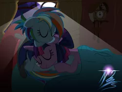 Size: 1600x1200 | Tagged: safe, artist:nightmaremoons, derpibooru import, pinkie pie, rainbow dash, twilight sparkle, alternate hairstyle, bed, blanket, clock, cuddling, cushion, female, hug, lesbian, moonlight, shipping, sleeping, smiling, snuggling, twidash