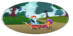 Size: 3200x1600 | Tagged: safe, artist:tiffanymarsou, derpibooru import, rainbow dash, scootaloo, scootalove, scooter, speed lines, wagon