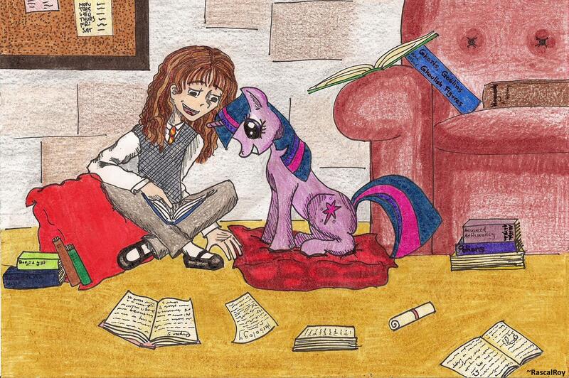 Size: 2195x1459 | Tagged: artist:rascalroy, cushion, derpibooru import, harry potter, hermione granger, human, safe, sitting, traditional art, twilight sparkle